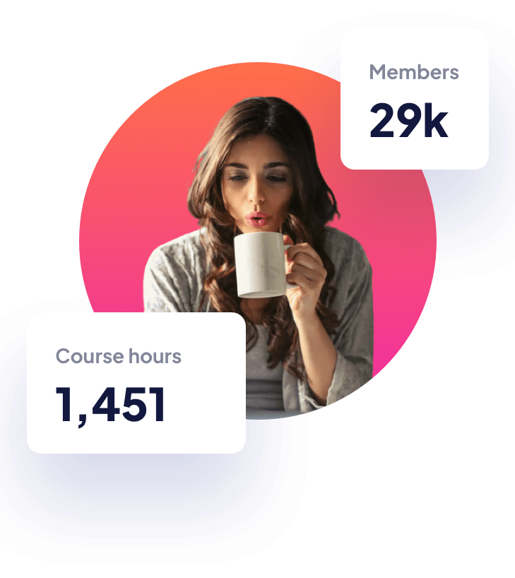 A woman having coffee or tea, and two popups with members and total hours of the course, 29k and 1451 respectively